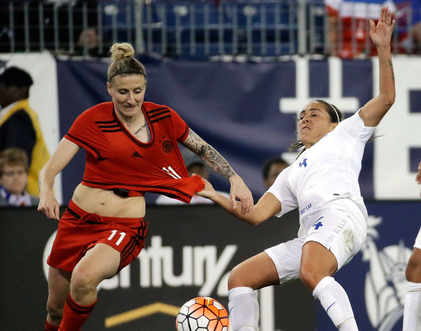 Anja Mittag (left) against England on March 6, 2016.