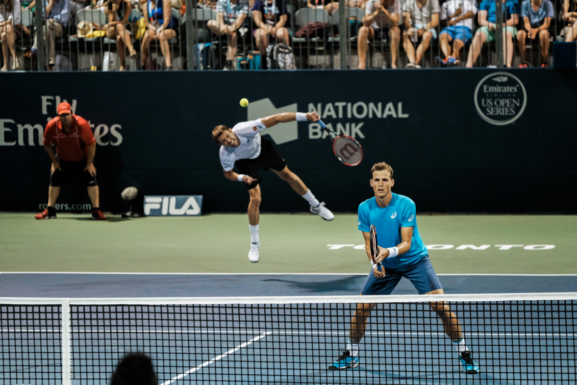 Canada’s Vasek Pospisil and Daniel Nestor play doubles at the Rogers Cup in Toronto on July 28, 2016. (Thomas Skrlj/COC)