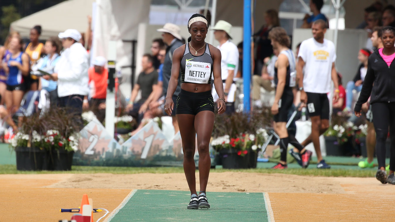 Christabel Nettey looks down the runway toward the long jump pit during Olympic trials on July 10, 2016. 