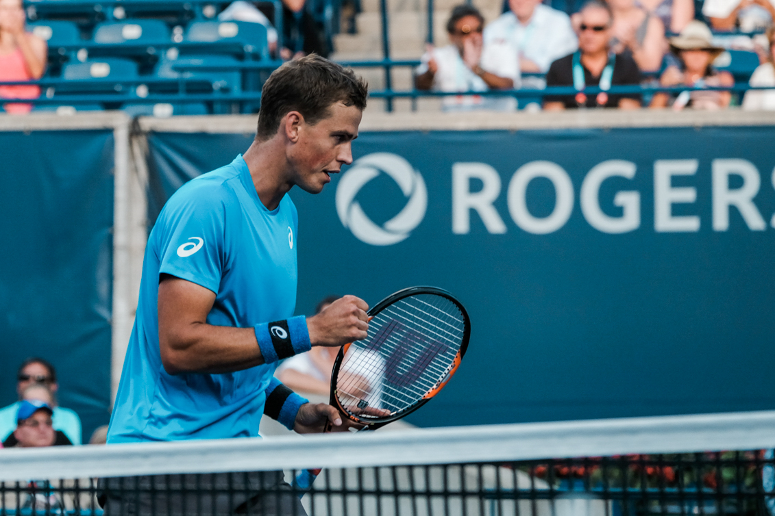 Canada’s Vasek Pospisil in semifinals doubles action at the Rogers Cup in Toronto on July 30, 2016. (Thomas Skrlj/COC)