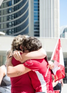 Britt Benn Britt Benn greets family before the Team Canada Rugby send-off on July 26, 2016. (Tavia Bakowski/COC)