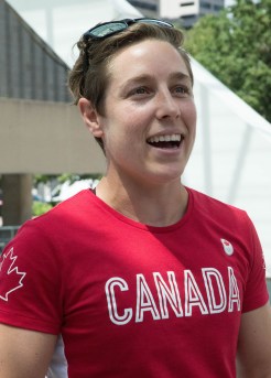 Ghislaine Landry speaks to the fans after the rugby team sendoff on July 26, 2016. (Tavia Bakowski/COC)