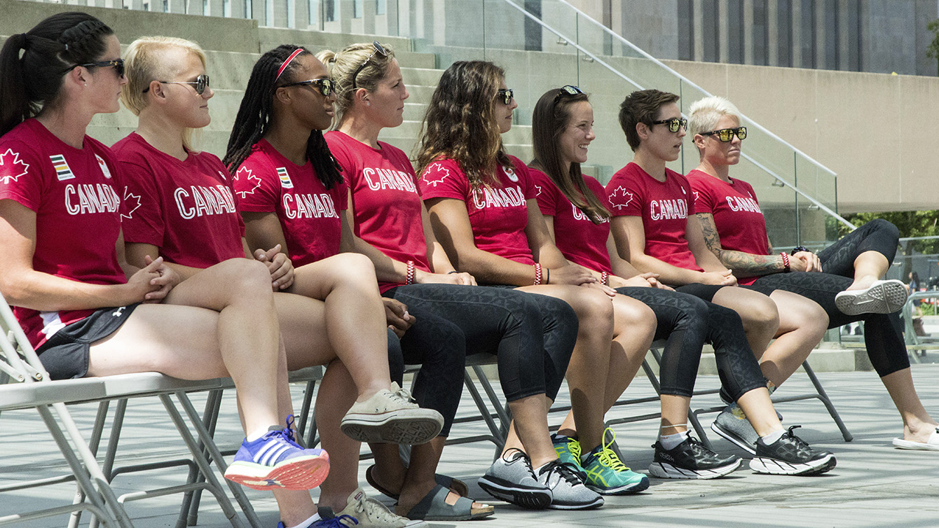 Members of the Rio 2016 Rugby Team for Canada after the send-off at Nathan Phillips Square on July 26, 2016. (Tavia Bakowski/COC)