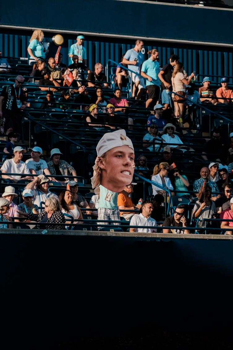 Large cut out of Denis' face in the crowd