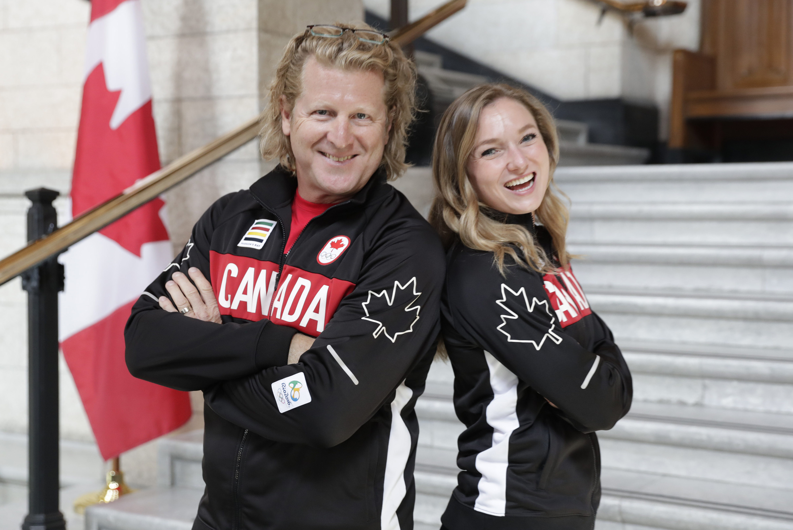 Rosie MacLennan poses with Chef de Mission, Curt Harnett before the Rio 2016 flag bearer announcement on July 21 2016.