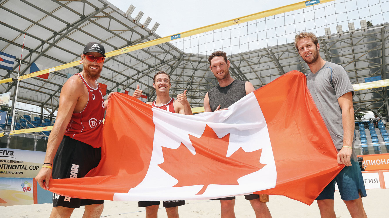 Sam Schachter, Josh Binstock, Sam Pedlow and Grant O'Gorman celebrate the Olympic berth at the FIVB World Continental Cup, July 10 / Photo via FIVB
