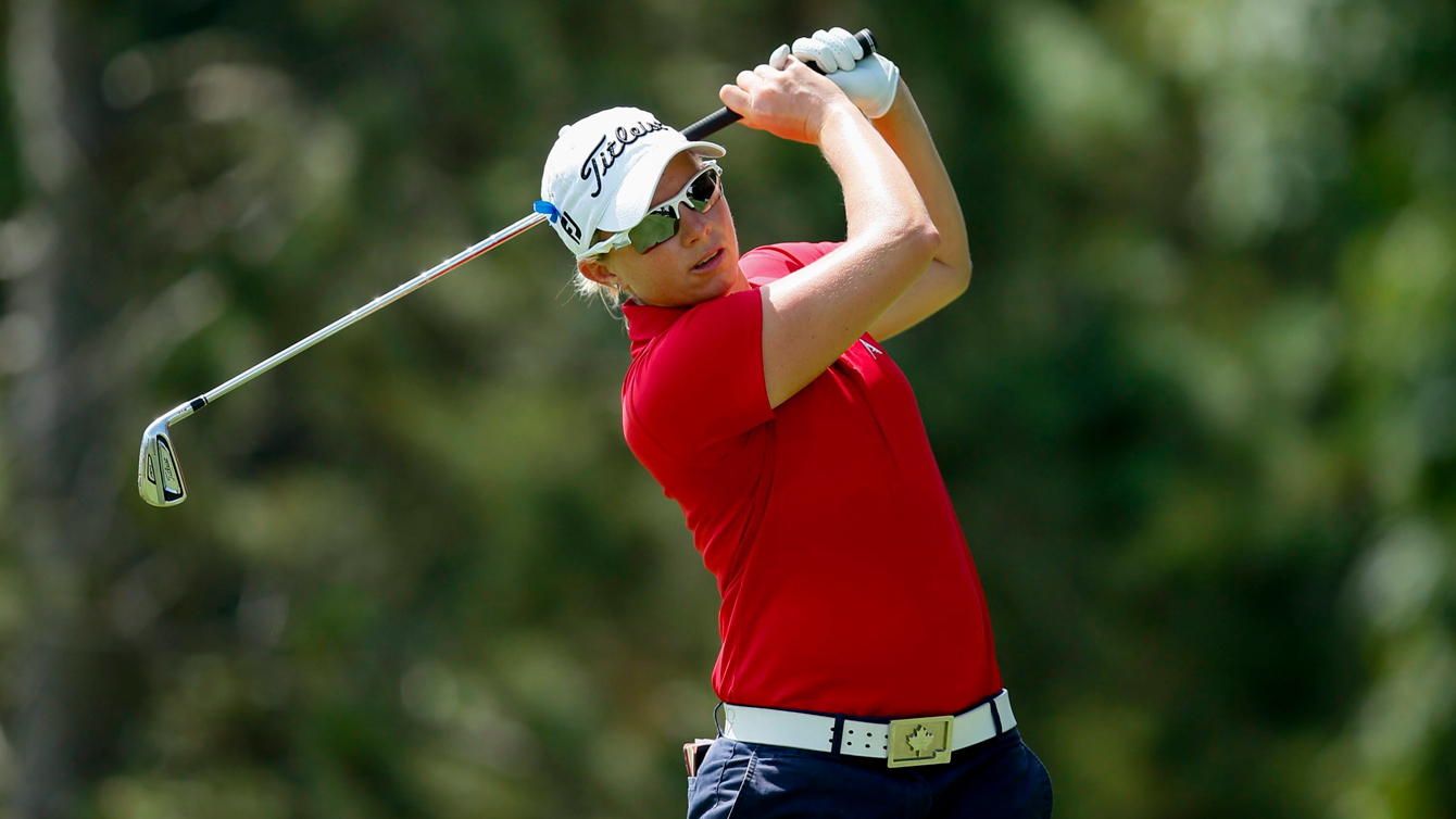 Alena Sharp tees off on the second hole during the third round of the Marathon Classic golf tournament at Highland Meadows Golf Club in Sylvania, Ohio, Saturday, July 18, 2015. (AP Photo/Rick Osentoski)