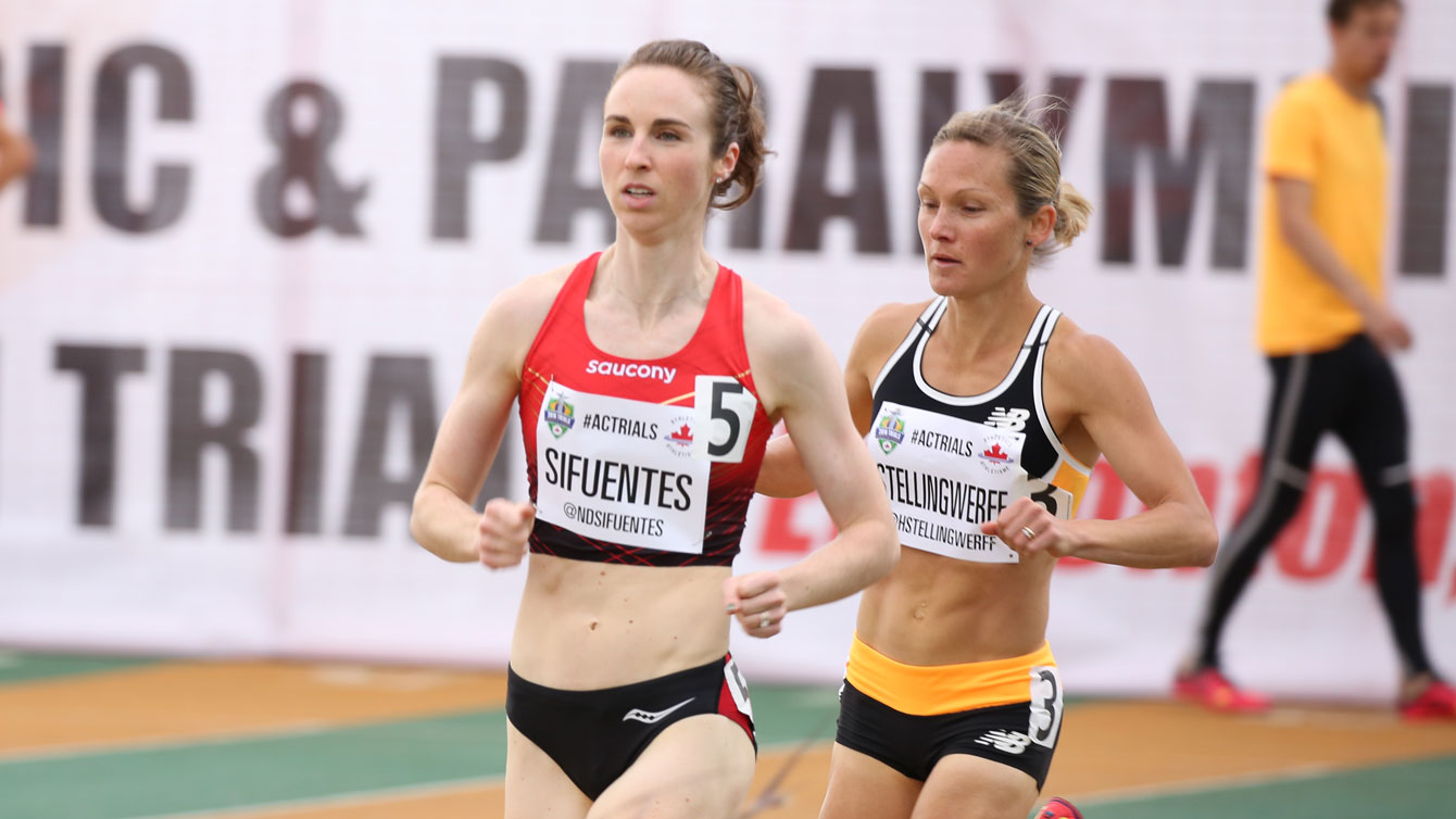 Nicole Sifuentes and Hilary Stellingwerff in the 1500m semifinals at Olympic trials on July 8, 2016. 