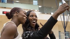 Alisha and Tamara Tatham take a snapchat for fans after the Team Canada announcement on July 22, 2016. (Tavia Bakowski/COC)