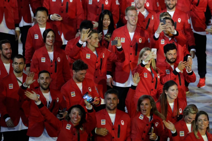 Team Canada marches in the arena during the opening ceremony for the 2016 Summer Olympics in Rio de Janeiro, Brazil, Friday, Aug. 5, 2016. (AP Photo/Patrick Semansky)