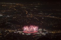 Fireworks explode over Maracana Stadium during the opening ceremony at the 2016 Summer Olympics in Rio de Janeiro, Brazil, Friday, Aug. 5, 2016. (AP Photo/Felipe Dana)