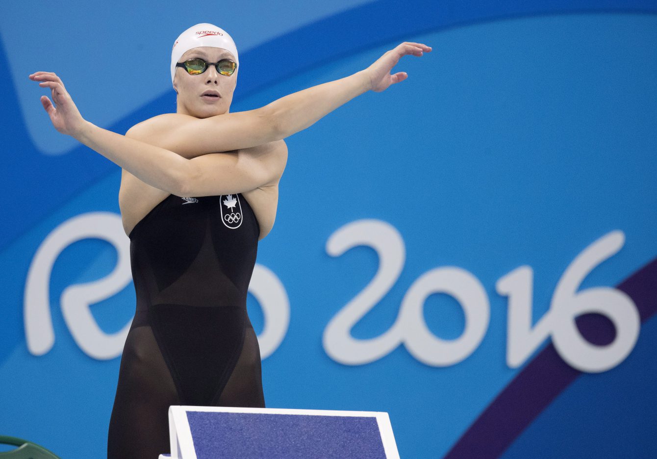 Canada's Penny Oleksiak warms up for her silver medal performance in the women's 100-metre butterfly at the 2016 Summer Olympics on Sunday, August 7, 2016 in Rio de Janeiro, Brazil. THE CANADIAN PRESS/Frank Gunn