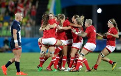 Canada's players celebrates after winning the women's rugby sevens bronze medal match against Great Britain at the Summer Olympics in Rio de Janeiro, Brazil, Monday, Aug. 8, 2016. (AP Photo/Themba Hadebe)
