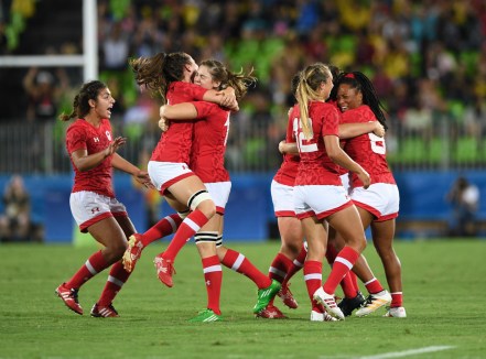 Canada celebrates their win for bronze over Great Britain in women's rugby sevens at the 2016 Olympic Summer Games in Rio de Janeiro, Brazil on Monday, Aug. 8, 2016. THE CANADIAN PRESS/Sean Kilpatrick