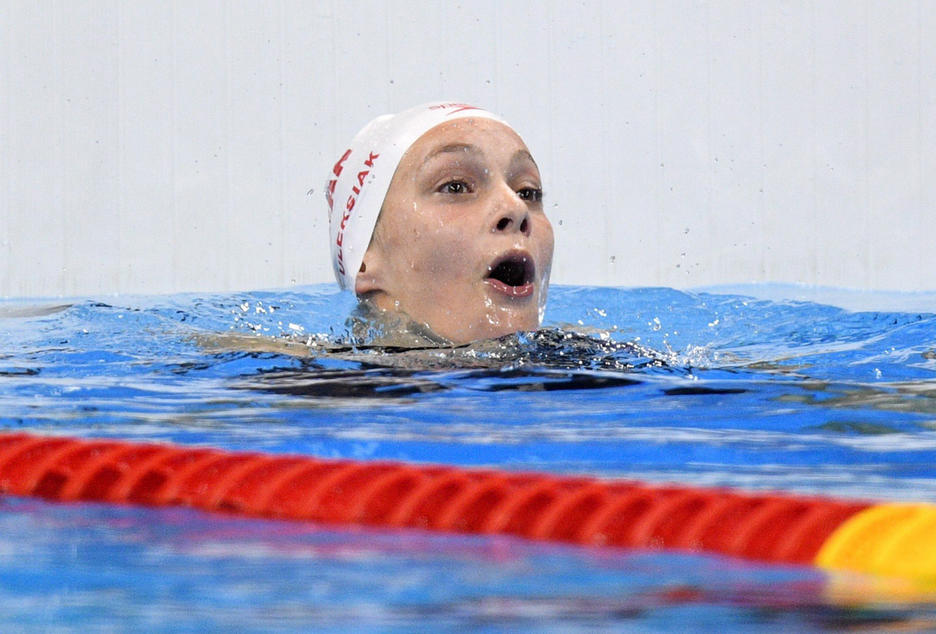 Canada's Penny Oleksiak reacts to her gold medal finish in the women's 100m freestyle finals during the 2016 Olympic Summer Games in Rio de Janeiro, Brazil, on Thursday, Aug. 11, 2016. THE CANADIAN PRESS/Sean Kilpatrick