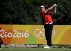 Graham DeLaet of Canada, tees on the 3rd hole during the final round of the men's golf event at the 2016 Summer Olympics in Rio de Janeiro, Brazil, Sunday, Aug. 14, 2016. (AP Photo/Alastair Grant)