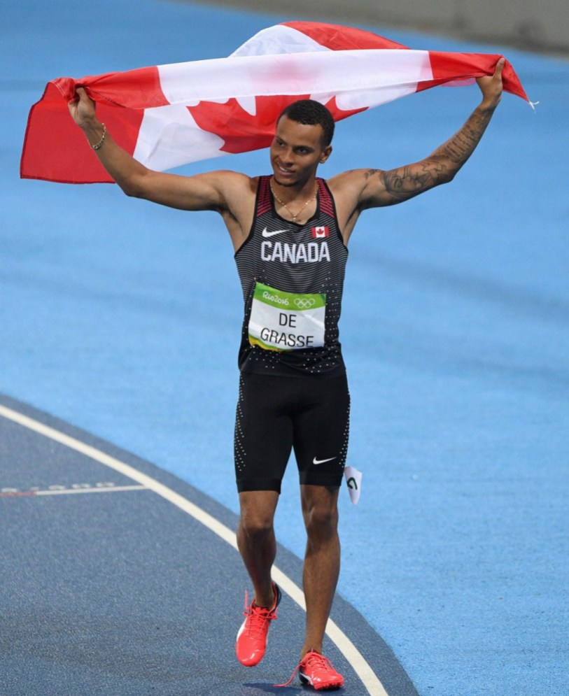 Rio 2016: De Grasse 200m Canada's Andre De Grasse celebrates silver in the men's 200m final at the 2016 Olympic Summer Games in Rio de Janeiro, Brazil on Thursday, Aug. 18, 2016. THE CANADIAN PRESS/Sean Kilpatrick