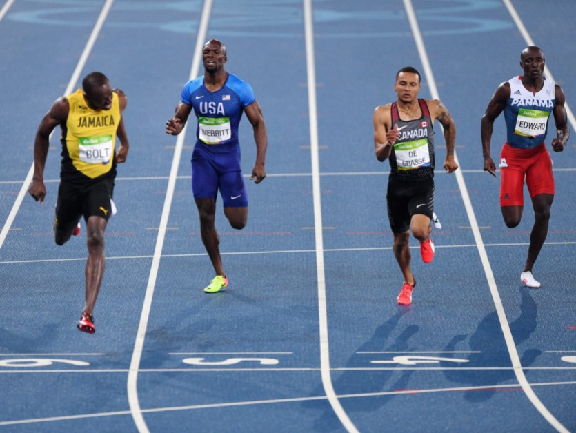 Rio 2016: Andre De Grasse 200m Panama's Alonso Edward, right to left, Canada's Andre De Grasse, United States Lashawn Merritt and Jamaica's Usain Bolt race the men's 200m final at the 2016 Olympic Summer Games in Rio de Janeiro, Brazil on Thursday, Aug. 18, 2016. THE CANADIAN PRESS/Sean Kilpatrick