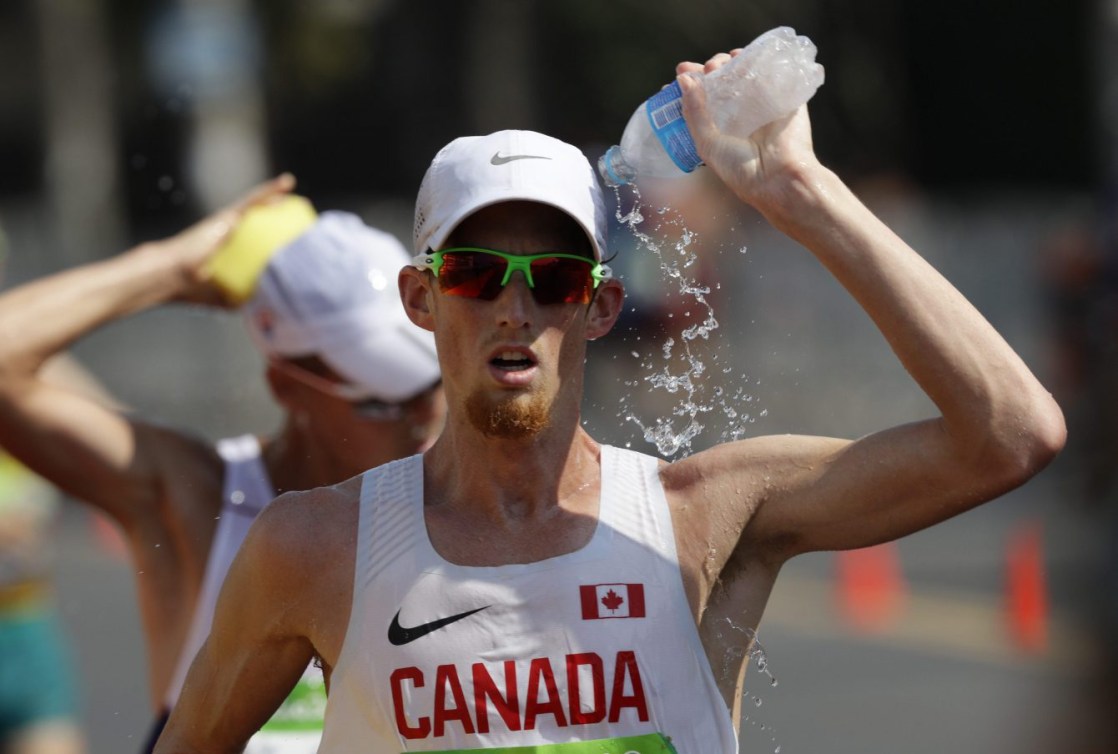 Evan Dunfee in the men's 50-km race walk at the 2016 Summer Olympics in Rio de Janeiro, Brazil, Friday, Aug. 19, 2016. (AP Photo/Robert F. Bukaty)