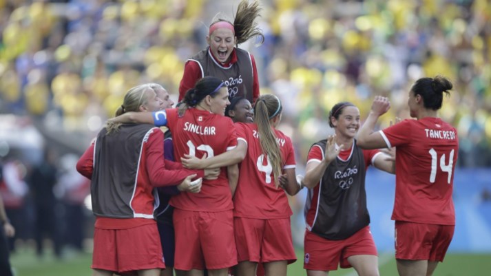 Rio 2016: Women's soccer bronze Canada players celebrates after Christine Sinclair scoring their side's second goal during the bronze medal match of the women's Olympic football tournament between Brazil and Canada at the Arena Corinthians stadium in Sao Paulo, Friday Aug. 19, 2016. (AP Photo/Nelson Antoine)