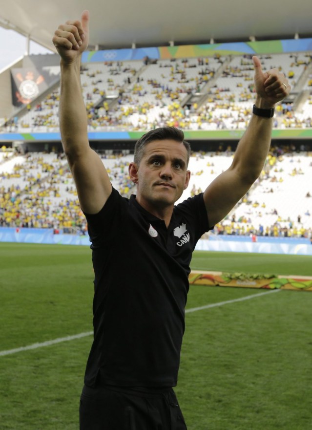 Rio 2016: Women's soccer bronze Canada coach John Herdman celebrates after winning the bronze medal in the women's Olympic football tournament at the Arena Corinthians stadium in Sao Paulo, Friday Aug. 19, 2016. (AP Photo/Nelson Antoine)