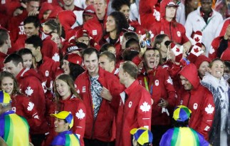 Canadian athletes celebrate during the closing ceremony in the Maracana stadium at the 2016 Summer Olympics in Rio de Janeiro, Brazil, Sunday, Aug. 21, 2016. (AP Photo/Mark Humphrey)