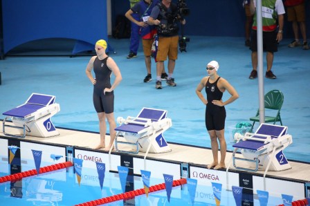 Canada's Kylie Masse (right) competes in the women's 100 backstroke semifinal swimming at the Olympic games in Rio de Janeiro, Brazil, Monday August 8, 2016. COC Photo/Mark Blinch