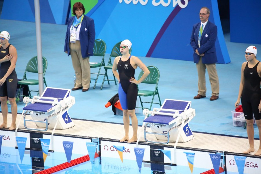 Canada's Hilary Caldwell before she competes in the women's 200-meter backstroke final during the swimming competitions at the 2016 Summer Olympics, Thursday, Aug. 11, 2016, in Rio de Janeiro, Brazil.