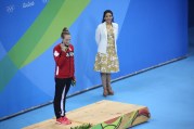 Canada's Hilary Caldwell with her bronze medal from winning the bronze medal in the women's 200-meter backstroke final during the swimming competitions at the 2016 Summer Olympics, Thursday, Aug. 11, 2016, in Rio de Janeiro, Brazil.