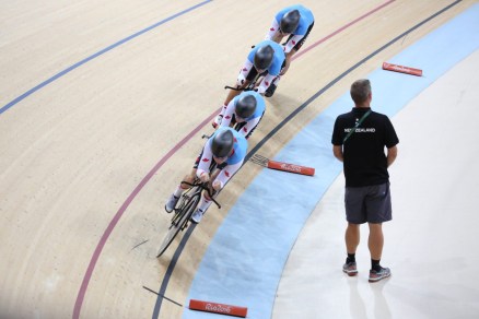 Canada's women's team pursuit team Allison Beveridge, Jasmin Glaesser, Kirsti Lay, and Georgia Simmerling race for the bronze medal at the velodrome at the Olympic games in Rio de Janeiro, Brazil, Saturday August 13, 2016.