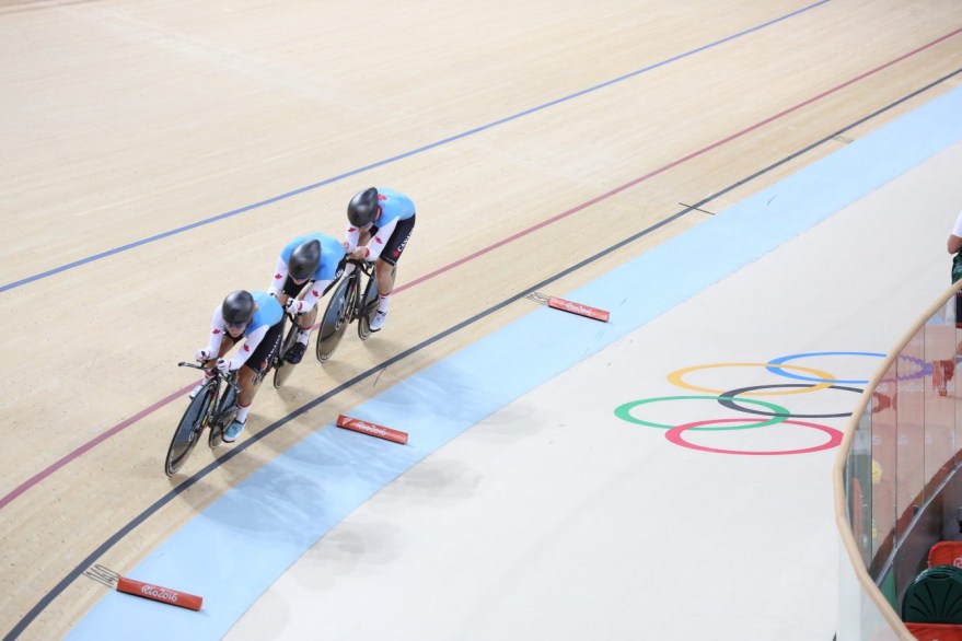 Canada's women's team pursuit team Allison Beveridge, Jasmin Glaesser, Kirsti Lay, and Georgia Simmerling race for the bronze medal at the velodrome at the Olympic games in Rio de Janeiro, Brazil, Saturday August 13, 2016.