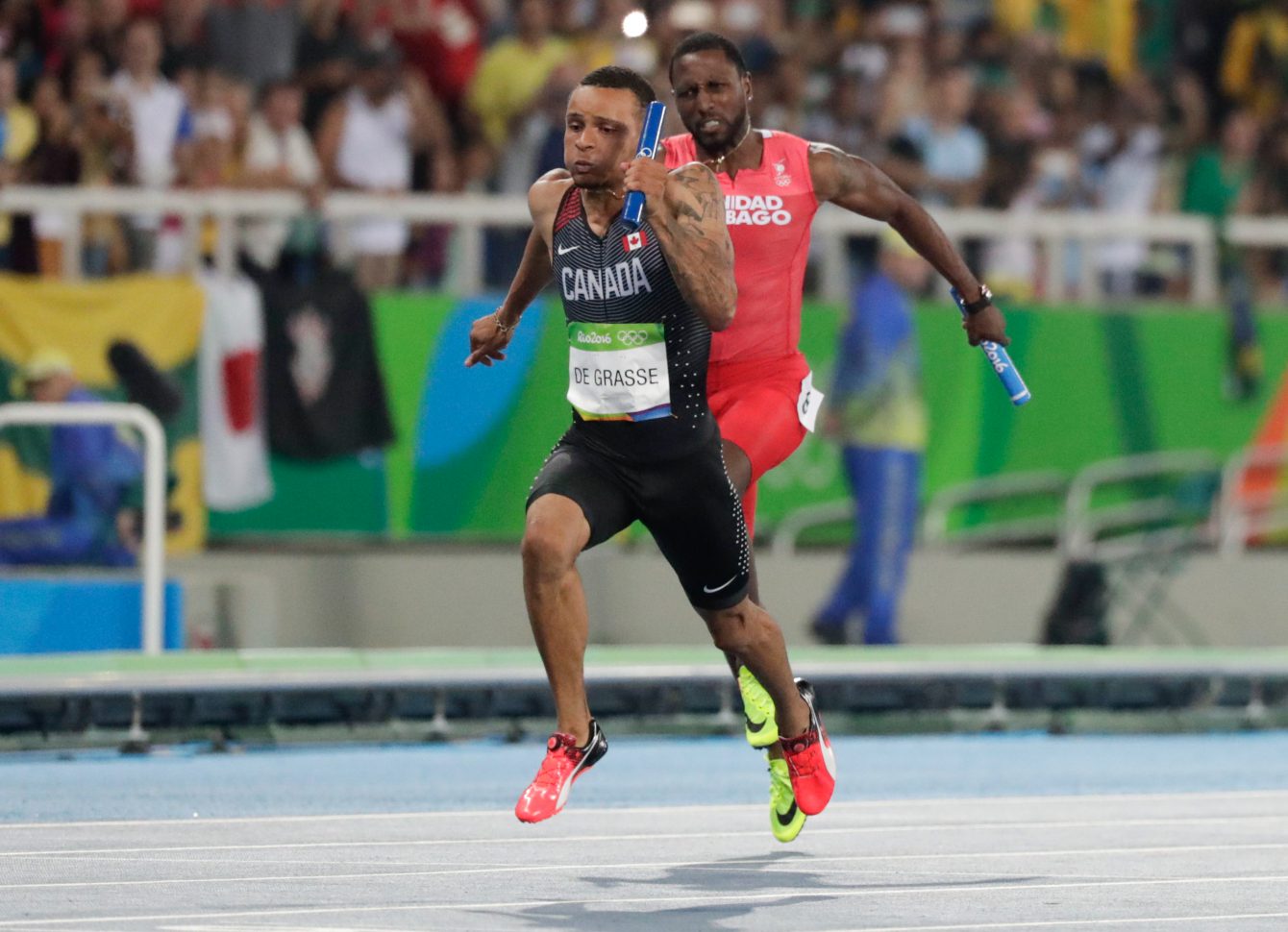 Canada's Andre De Grasse, during the men's 4x100-metre relay final at the 2016 Summer Olympics in Rio de Janeiro, Brazil on Friday, August 19, 2016. (photo/Mark Blinch)