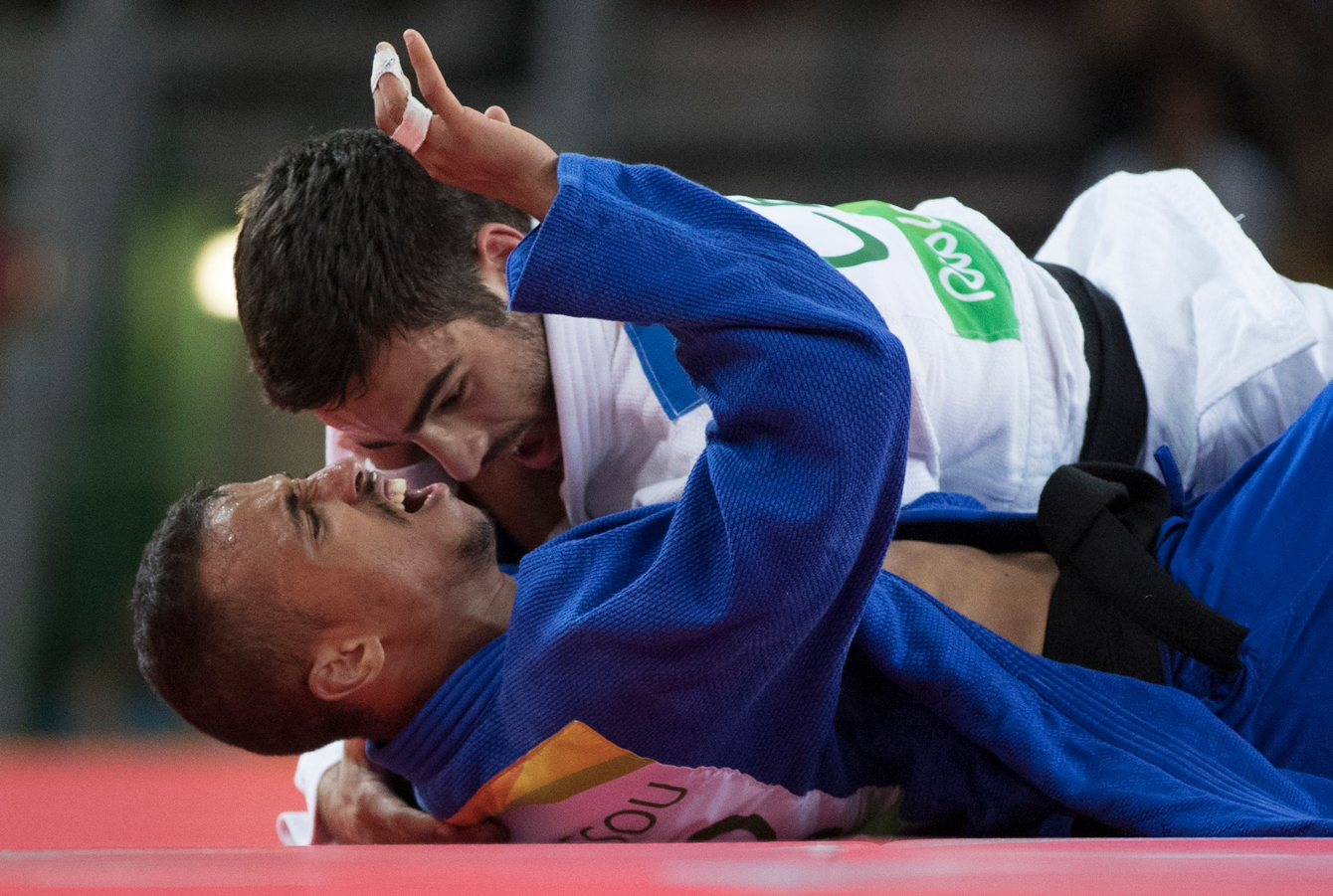Canada's Antoine Bouchard takes on Imad Bassou of Morocco during Men's 66kg Judo, third-round action at the Olympic games in Rio de Janeiro, Brazil, Sunday, August 7, 2016. COC Photo by Jason Ransom