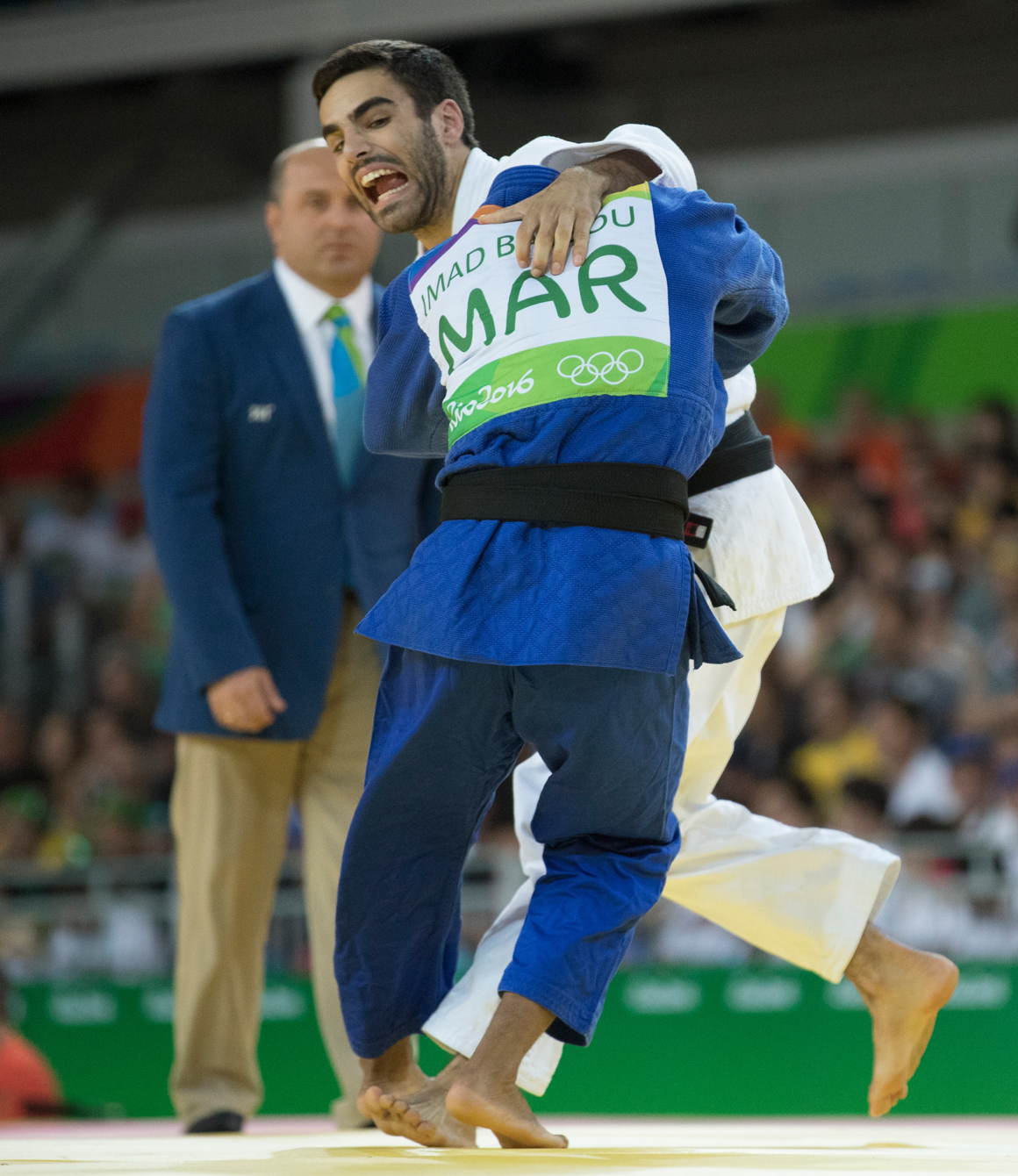 Canada's Antoine Bouchard takes on Imad Bassou of Morocco during Men's 66kg Judo, third-round action at the Olympic games in Rio de Janeiro, Brazil, Sunday, August 7, 2016. COC Photo by Jason Ransom