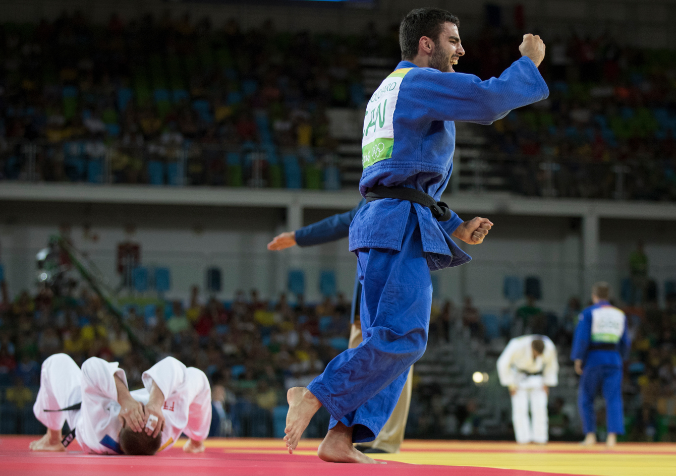 Canada's Antoine Bouchard celebrates his win over Mikhail Puliaev of Russia during Men's 66kg Judo, second-round action at the Olympic games in Rio de Janeiro, Brazil, Sunday, August 7, 2016. COC Photo by Jason Ransom