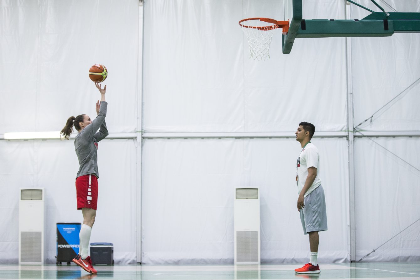 Team Canada's Kim Gaucher does drills during the women's basketball team practice in the athlete park ahead of the Olympic games in Rio de Janeiro, Brazil, Thursday August 4, 2016. COC Photo/David Jackson
