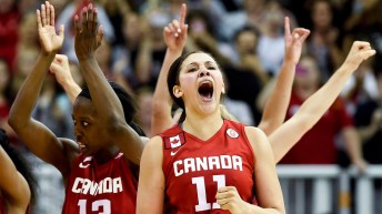 Basketball player yelling in celebration