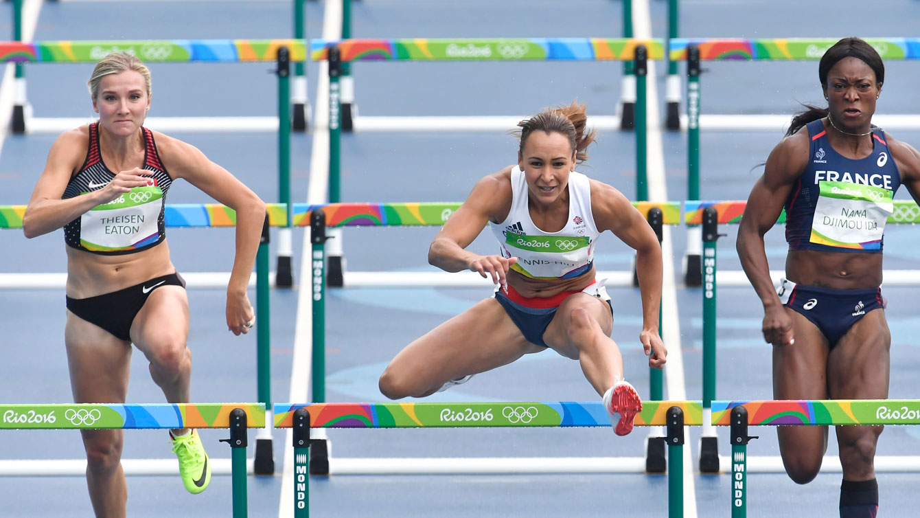 Brianne Theisen-Eaton competes in hurdles during the heptathlon competition on Aug. 12 at Rio 2016. 