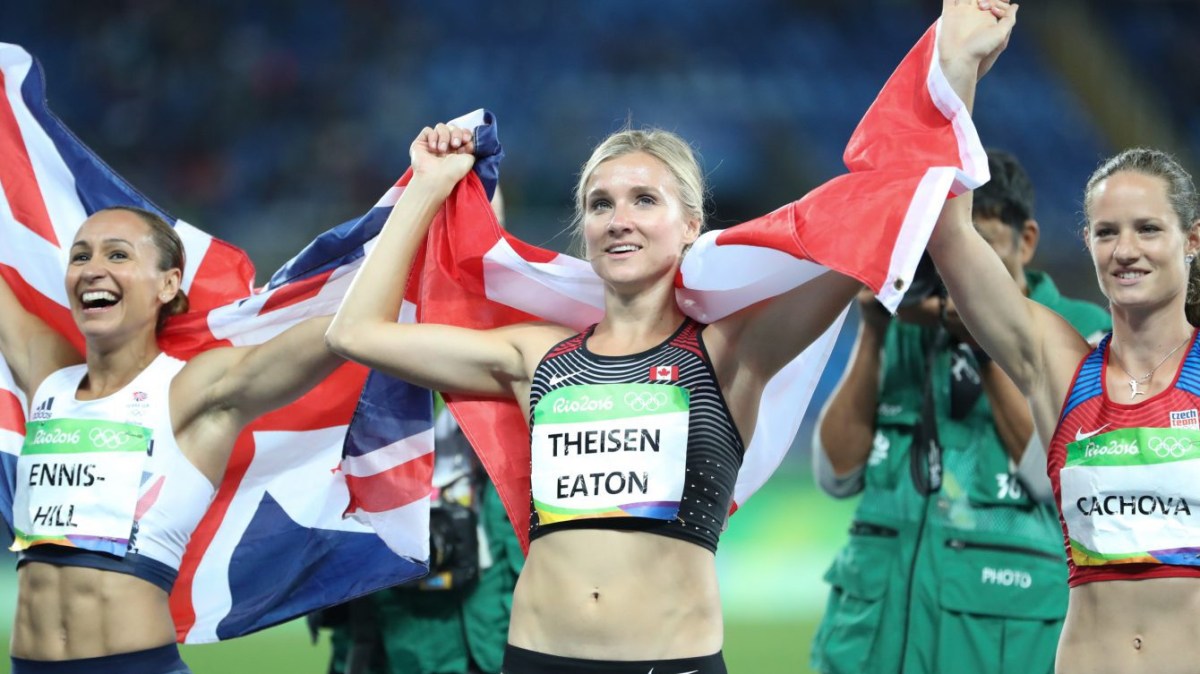 Brianne Theisen-Eaton poses with the other medallists