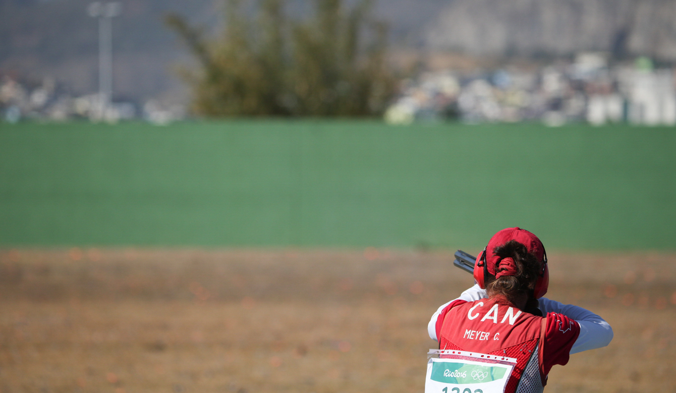 Team Canada's Cynthia Meyer in qualifying round of trap shooting at Deodoro Park, Rio de Janeiro, Brazil, Sunday August 7, 2016. COC Photo/David Jackson
