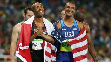 Damian Warner celebrates with Ashton Eaton