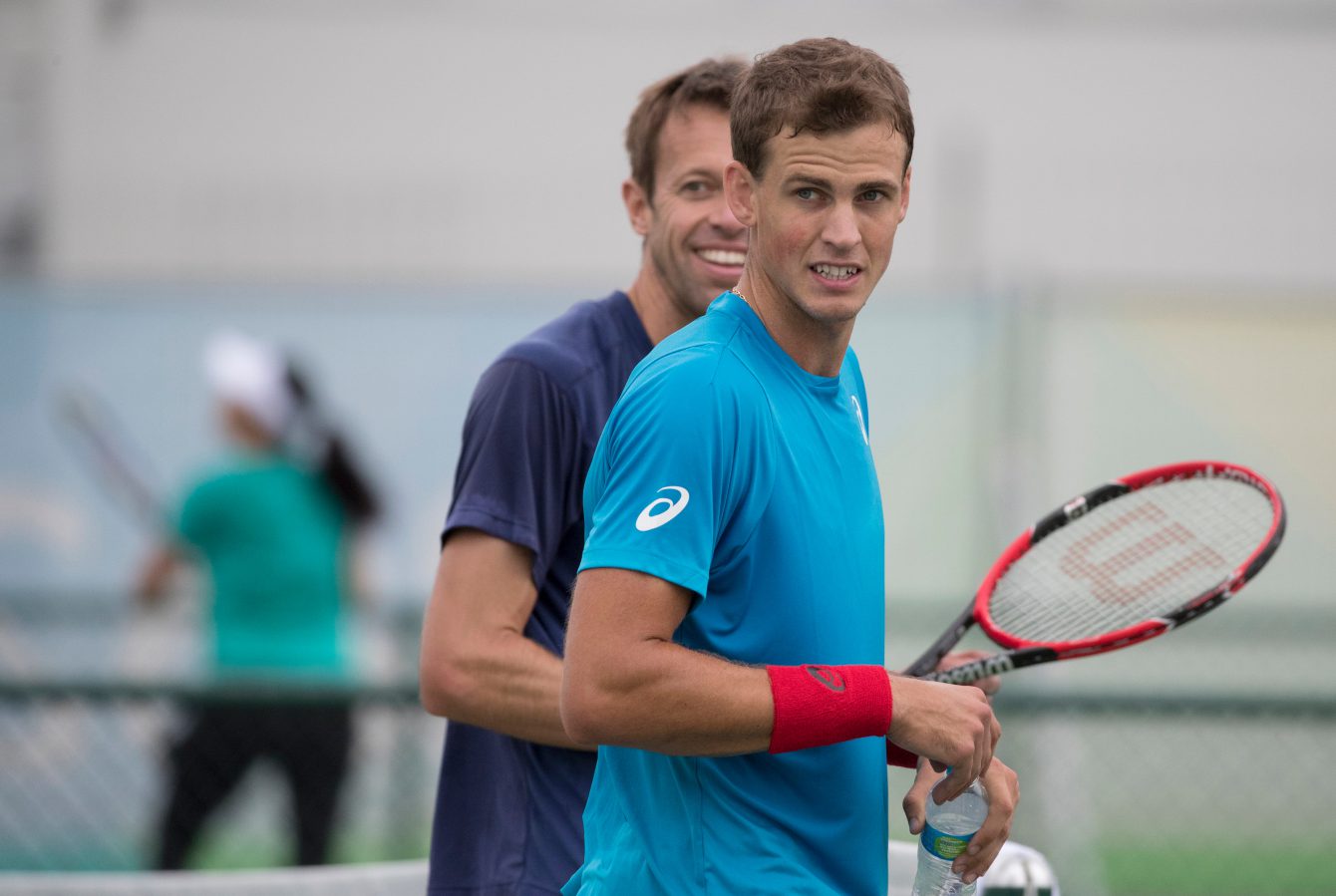 Canadian tennis players Daniel Nestor, back, and Vasek Pospisil practice together prior to the start of the Olympic Games in Rio de Janeiro, Brazil, Wednesday, August 3, 2016. COC Photo by Jason Ransom