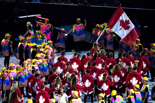 Team Canada enters the Maracana Stadium during the opening ceremonies of the olympic games in Rio de Janeiro, Brazil, Friday August 5, 2016. COC Photo/David Jackson