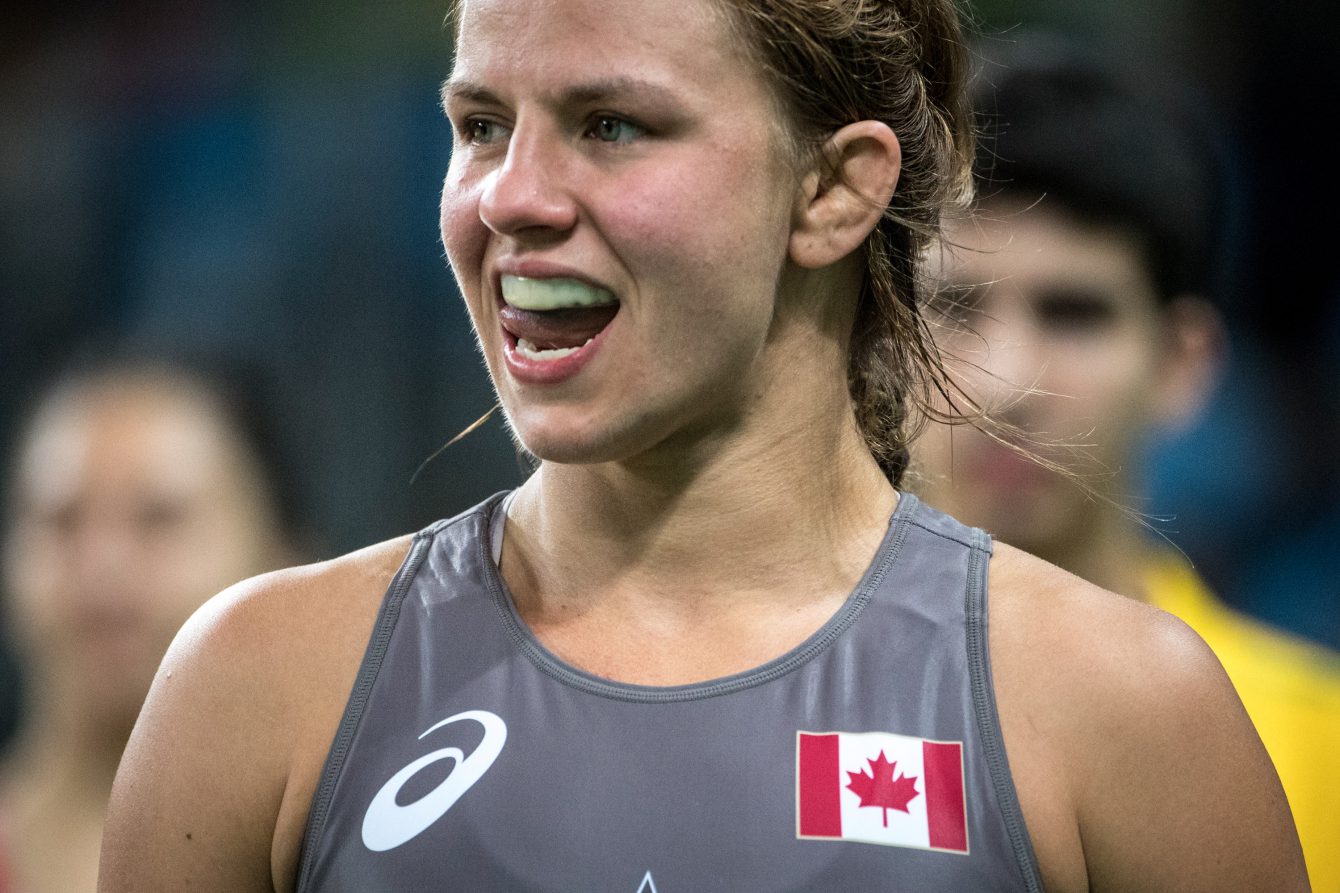 Team Canada’s Erica Wiebe battles in 75 kg women's wrestling during the semi finals match at Carioca Stadium, Rio de Janeiro, Brazil, Thursday August 18, 2016. COC Photo/David Jackson