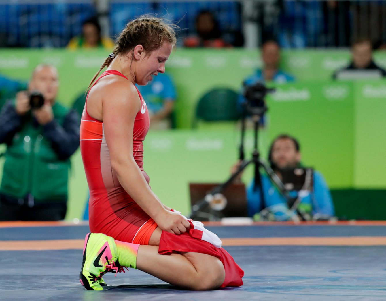 Canada's Erica Wiebe, after defeating Kazakhstan's Guzel Manyurova during the women's 75kg freestyle wrestling competition at the 2016 Summer Olympics in Rio de Janeiro, Brazil, Thursday, Aug. 18, 2016. (COC/ David Jackson)