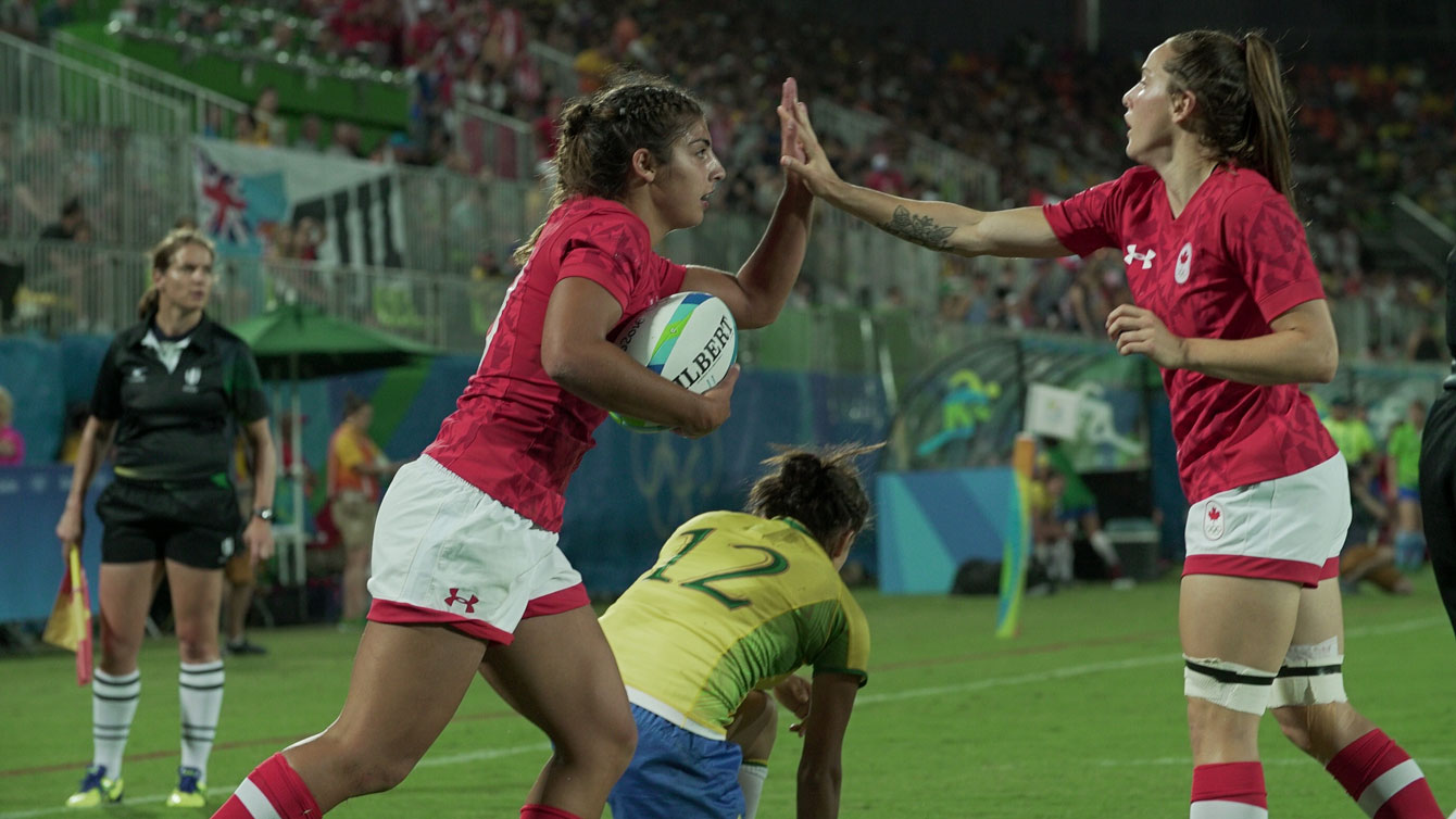 Bianca Farella (left) after her try against Brazil on August 6, 2016. 