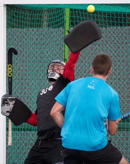 Team Canada goalie David Carter keeps his eyes on the ball during a friendly match against New Zealand at the Olympic games in Rio de Janeiro, Brazil, Monday, August 1, 2016. COC Photo by Jason Ransom