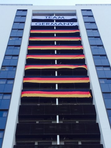 Rio 2016 Germany It's all red, black and gold for Germany's building at Rio 2016.