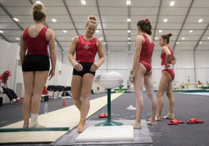 Gymnastics_Training_JasonRansomPhoto-83 Canada's gymnastics team in a training session prior to the Olympic games in Rio de Janeiro, Brazil, Sunday, July 31, 2016. COC Photo by Jason Ransom