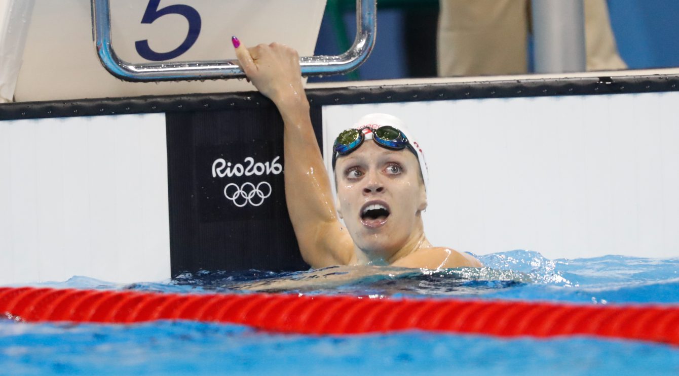 Canada's Hilary Caldwell reacting to winning the bronze medal in the women's 200-meter backstroke final during the swimming competitions at the 2016 Summer Olympics, Thursday, Aug. 11, 2016, in Rio de Janeiro, Brazil. (Photo/Mark Blinch)